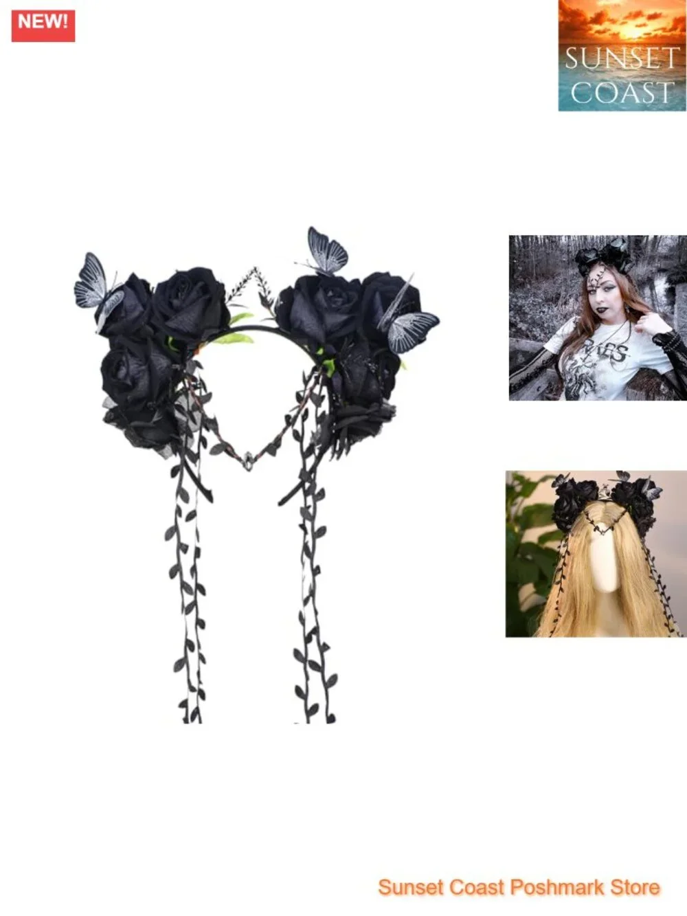 Gothic Floral Headpiece with Butterfly Dark Fairy Crown for Women Witch